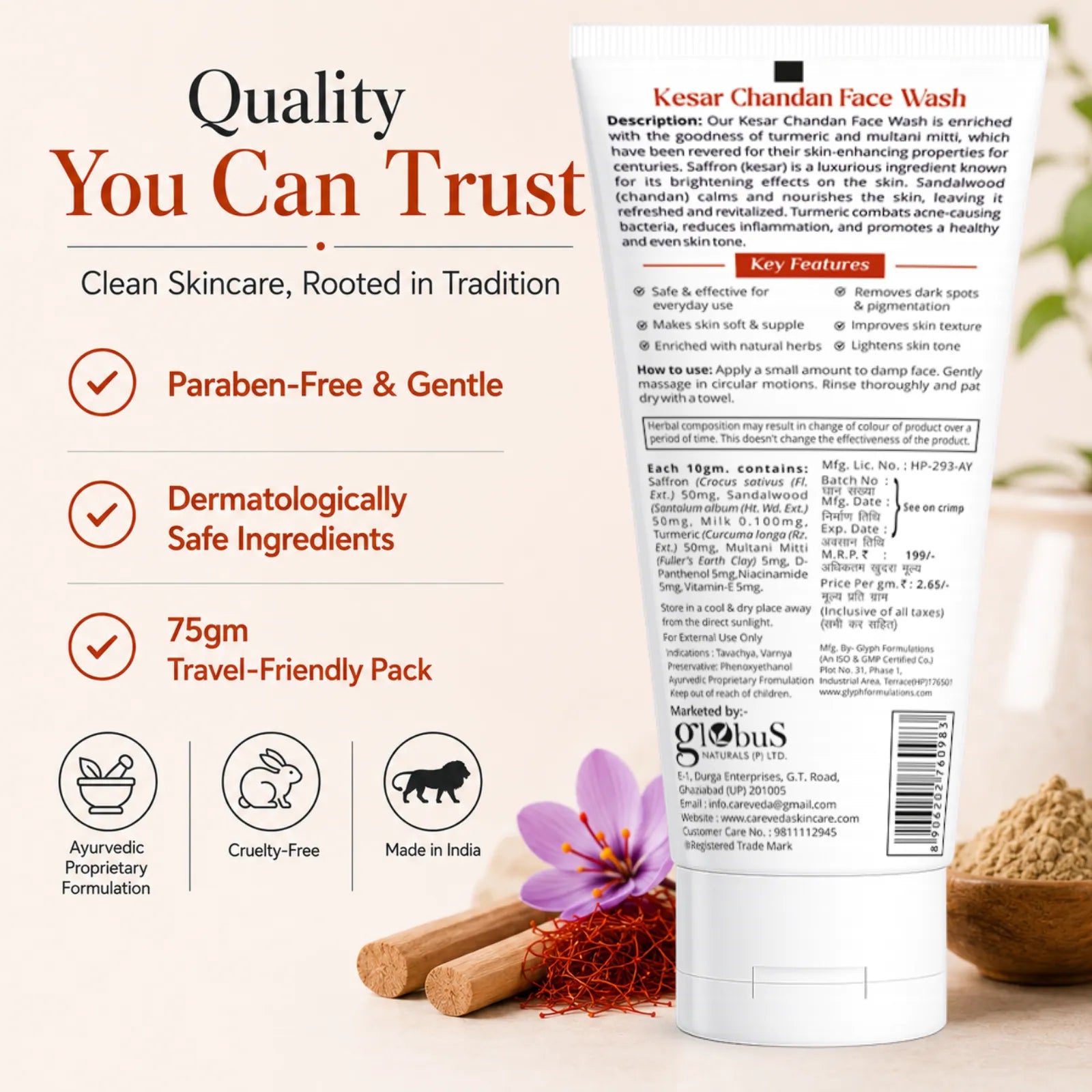 CareVeda Kesar Chandan Face Wash - For Skin Lightening & Deep Nourishment -75gm