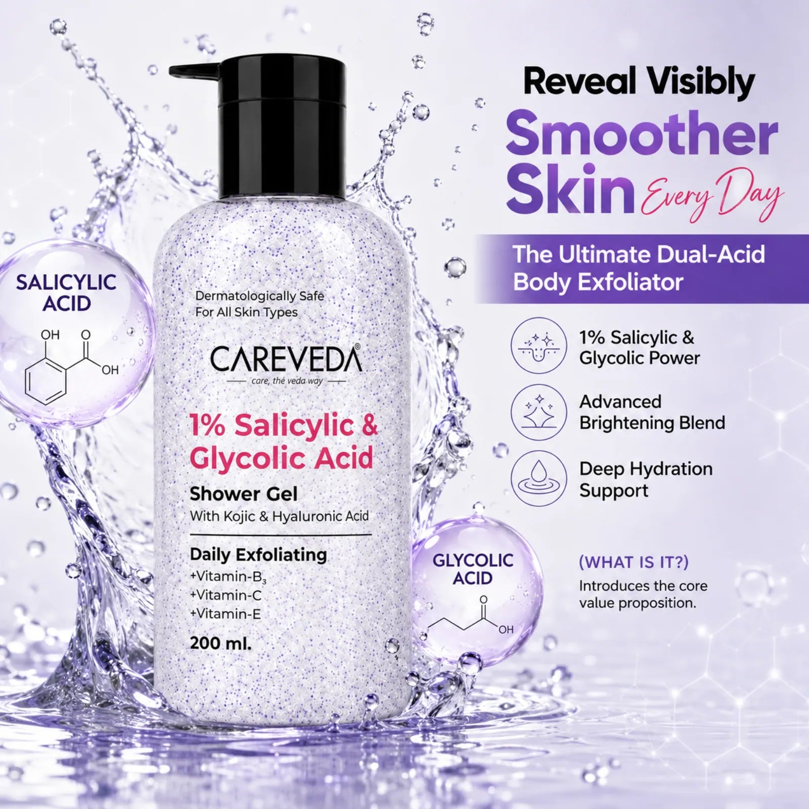 Careveda Daily Exfoliating Sali-cinamide Shower Gel | Brightening & Hydrating Body Wash with AHA & BHA - 200ml