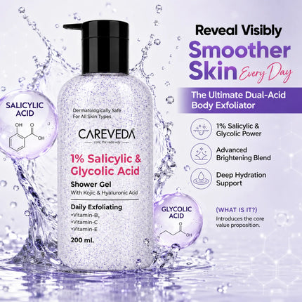 Careveda Daily Exfoliating Sali-cinamide Shower Gel | Brightening & Hydrating Body Wash with AHA & BHA - 200ml