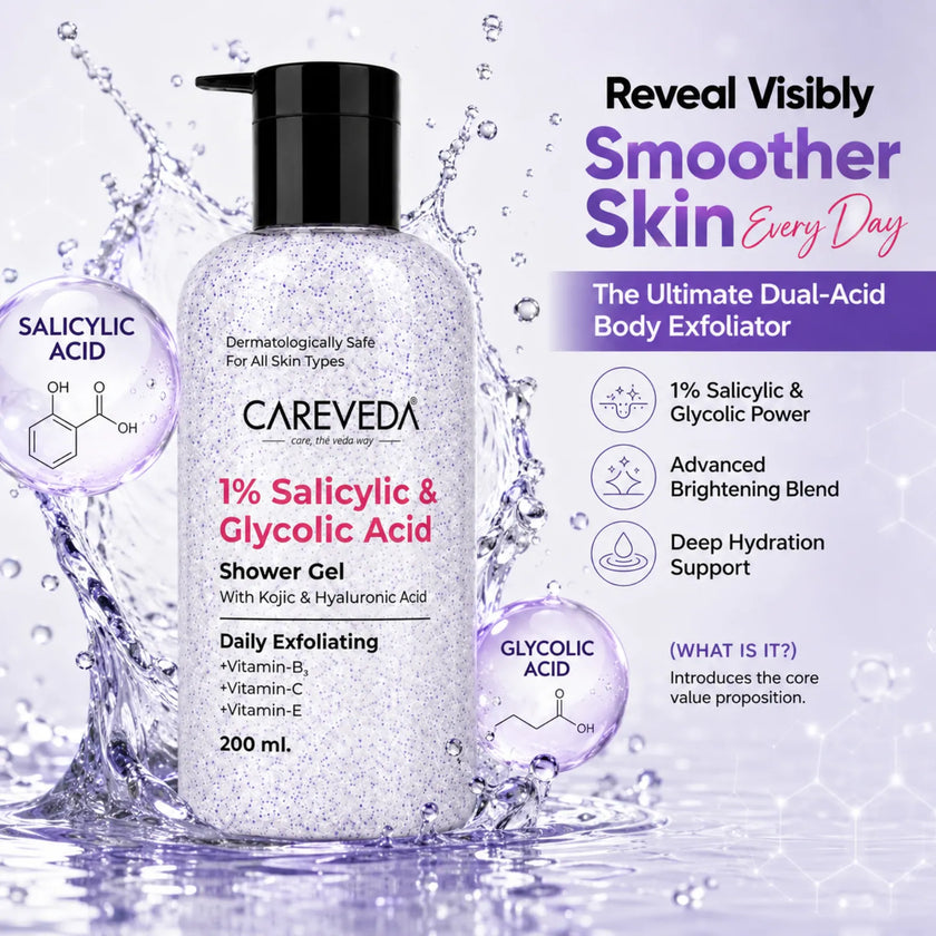 Careveda Daily Exfoliating Sali-cinamide Shower Gel | Brightening & Hydrating Body Wash with AHA & BHA - 200ml