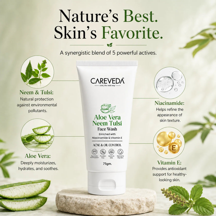 Careveda Aloe Vera Neem Tulsi Face Wash with Niacinamide & Vitamin E - 75gm