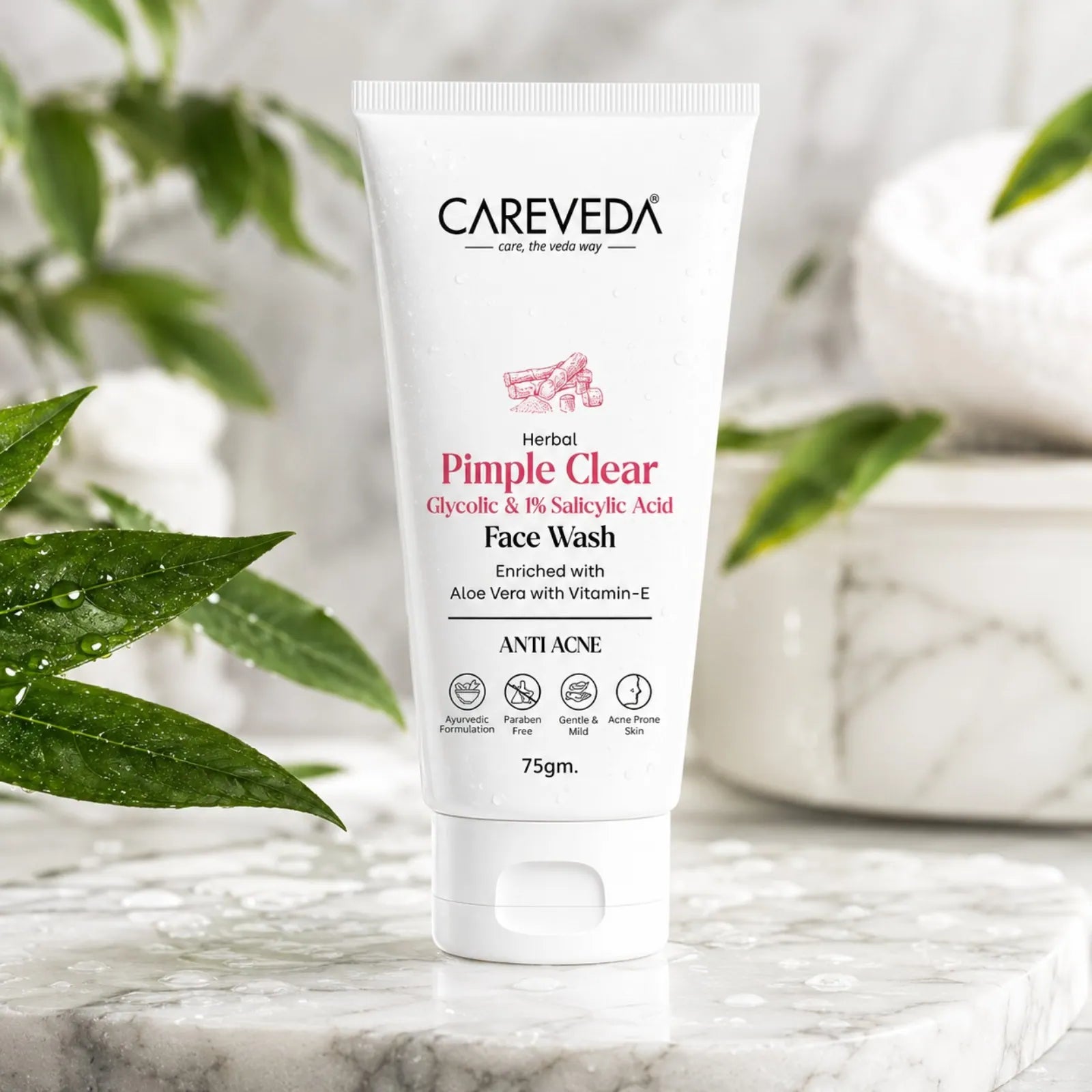 CareVeda Herbal Pimple Clear Face Wash with 1% Salicylic & Glycolic Acid - 75gm