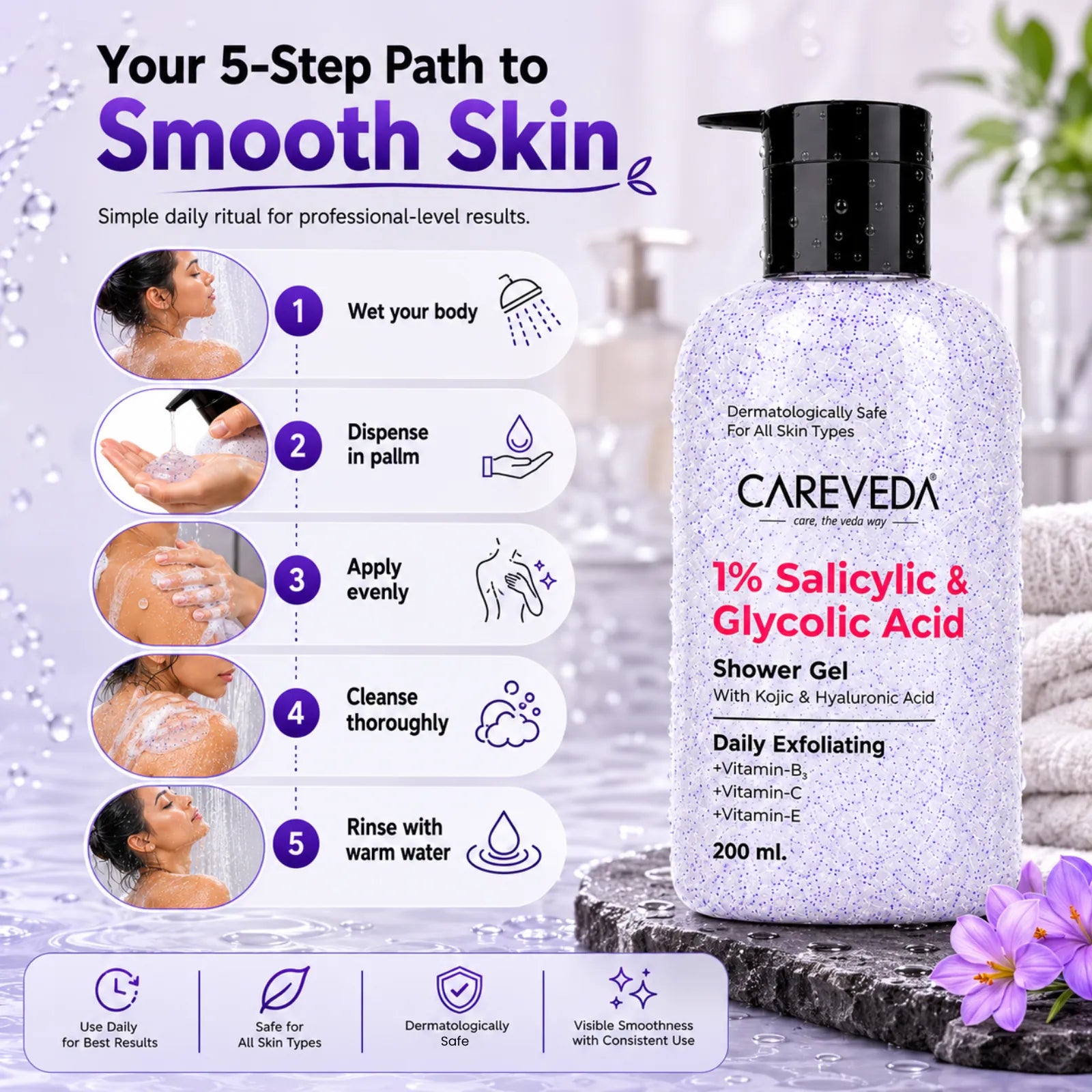 Careveda Daily Exfoliating Sali-cinamide Shower Gel | Brightening & Hydrating Body Wash with AHA & BHA - 200ml