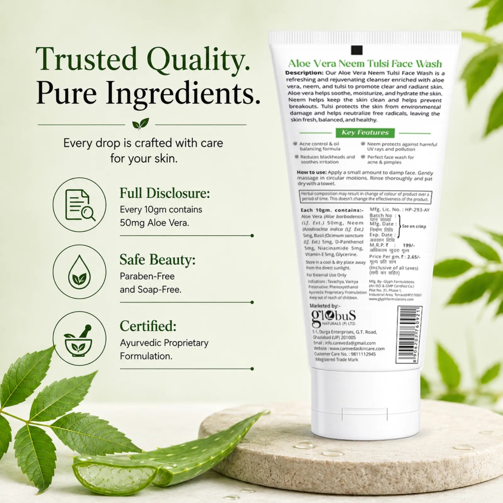 Careveda Aloe Vera Neem Tulsi Face Wash with Niacinamide & Vitamin E - 75gm