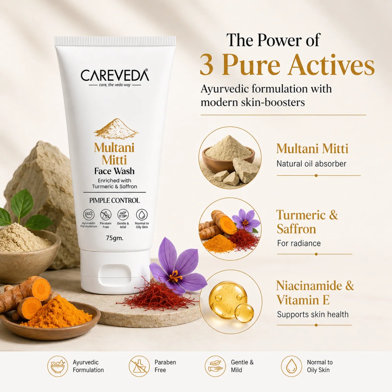 CareVeda Multani Mitti Face Wash – Pimple Control & Oil Balancing - 75gm