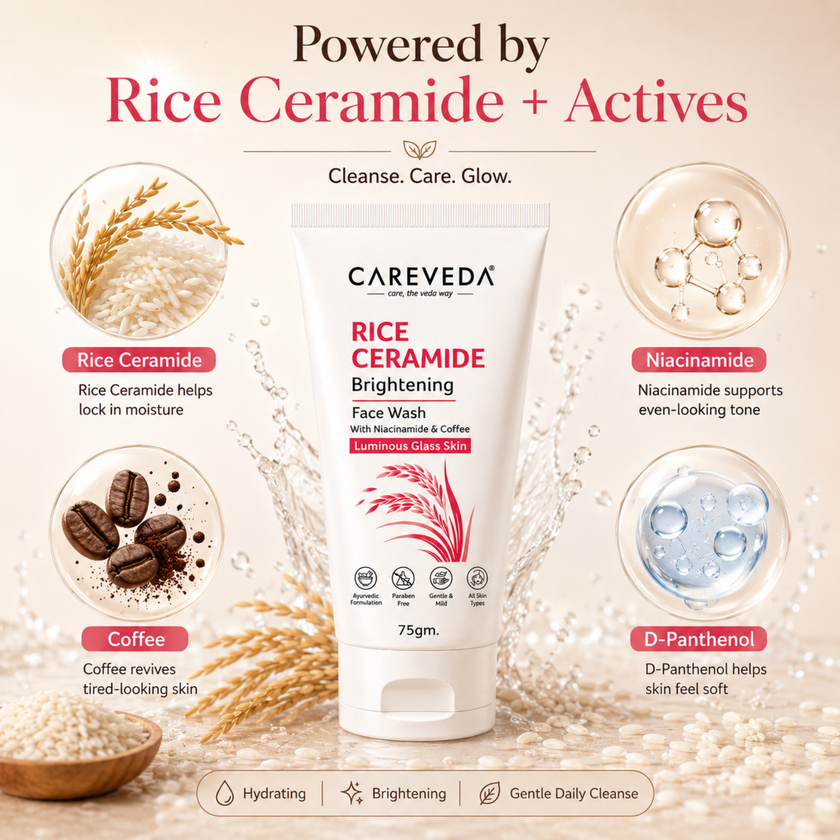 Careveda Rice Ceramide Brightening Face Wash with Niacinamide & Coffee for Luminous Glass Skin - 75gm