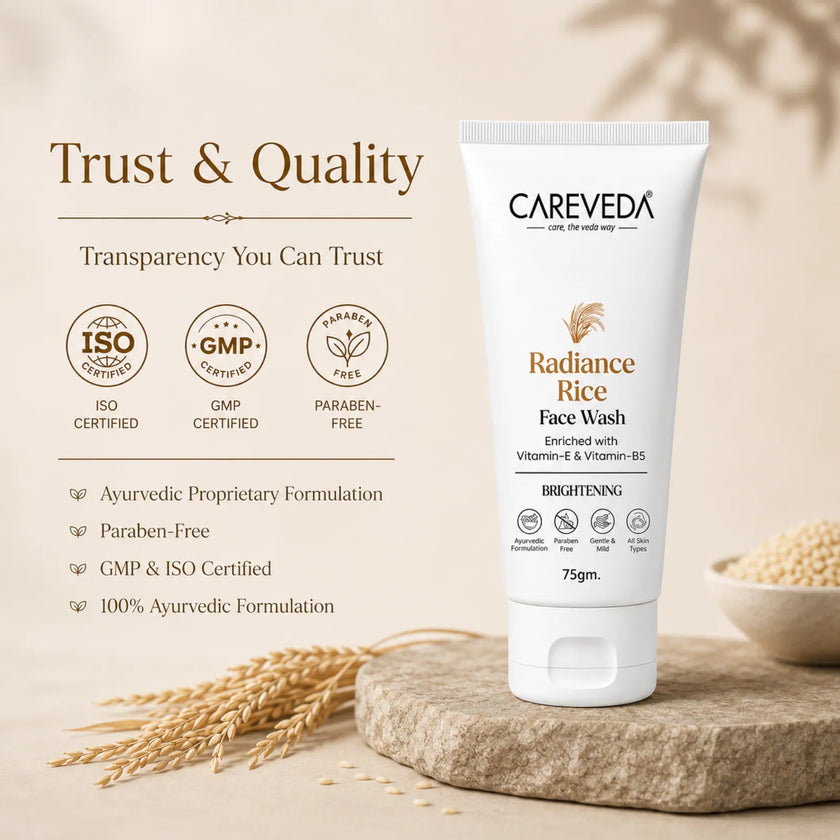 CareVeda Radiance Rice Face Wash for Glowing Skin - with Vitamin E & Vitamin B5 - Brightening & Hydrating Daily Cleanser - For All Skin Types, Paraben Free - 75gm