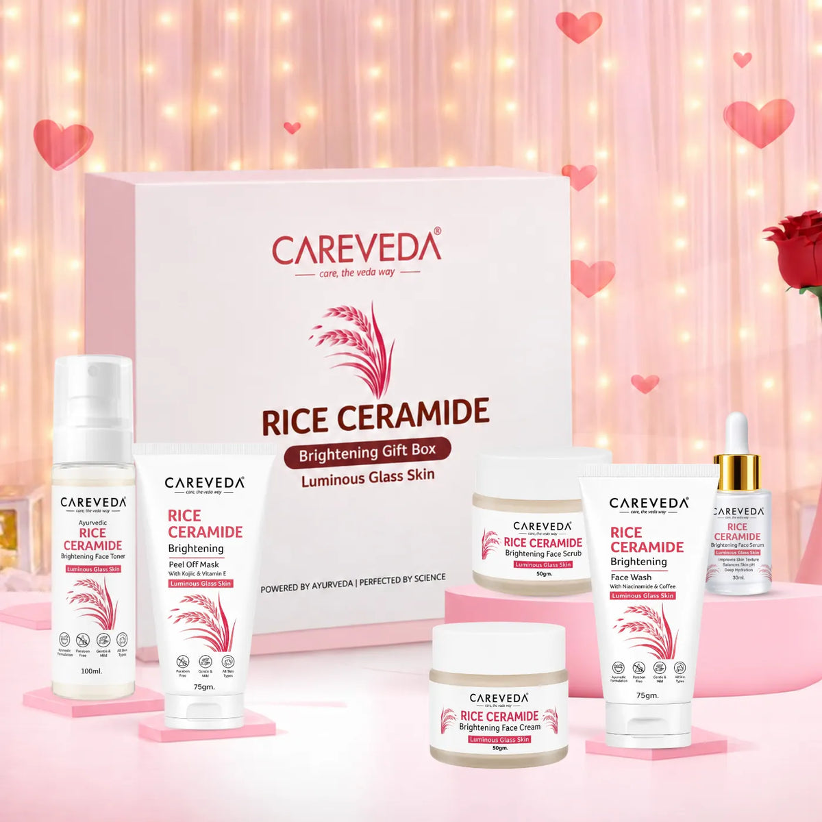 Careveda Rice Ceramide Brightening Skincare Gift Box | Complete Luminous Glass Skin Care Set with Face Wash, Peel Off Mask, Scrub, Cream & Serum, Toner - Set of 6