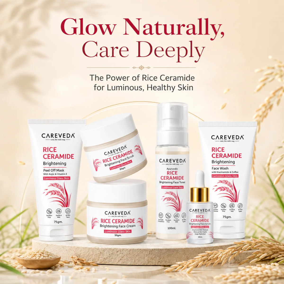 Careveda Rice Ceramide Brightening Skincare Gift Box | Complete Luminous Glass Skin Care Set with Face Wash, Peel Off Mask, Scrub, Cream & Serum, Toner - Set of 6
