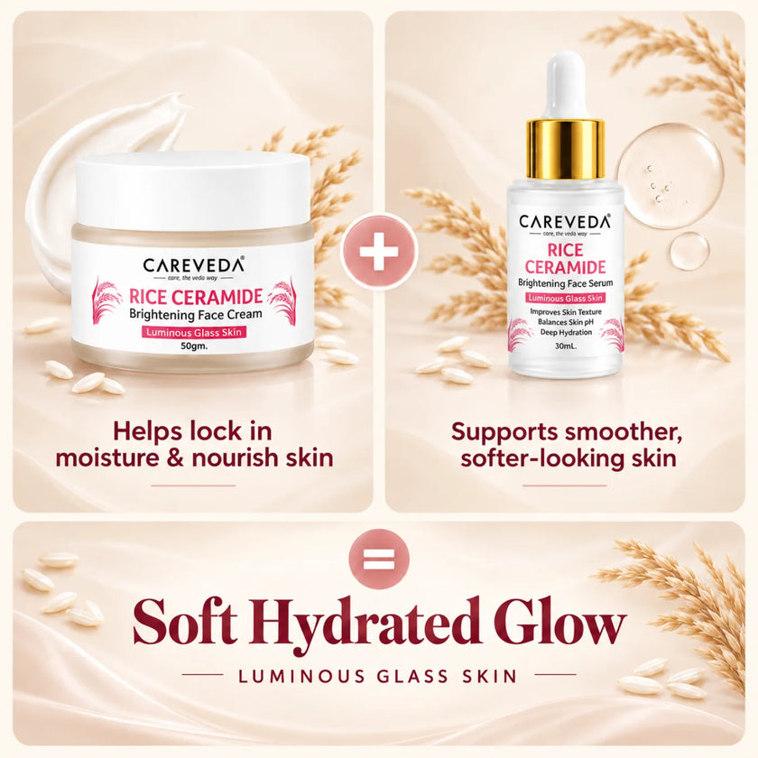 Careveda Rice Ceramide Brightening Skincare Gift Box | Complete Luminous Glass Skin Care Set with Face Wash, Peel Off Mask, Scrub, Cream & Serum, Toner - Set of 6