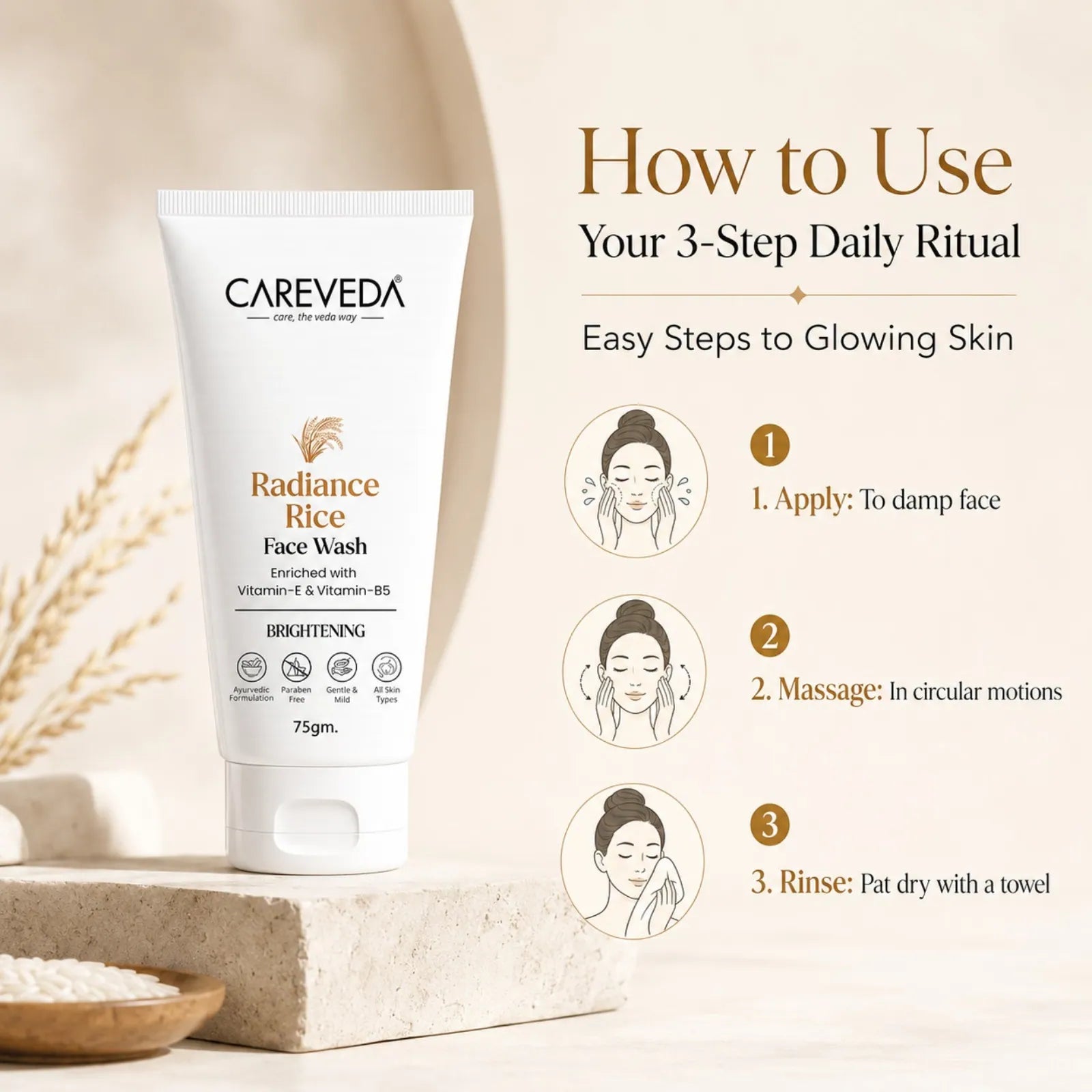 CareVeda Radiance Rice Face Wash for Glowing Skin - with Vitamin E & Vitamin B5 - Brightening & Hydrating Daily Cleanser - For All Skin Types, Paraben Free - 75gm