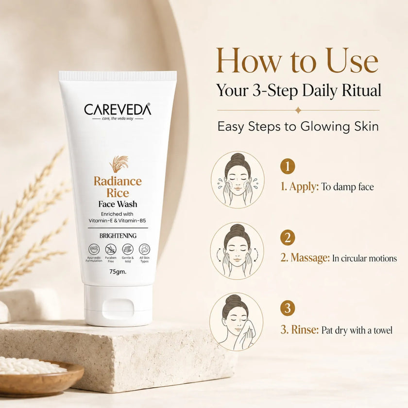 CareVeda Radiance Rice Face Wash for Glowing Skin - with Vitamin E & Vitamin B5 - Brightening & Hydrating Daily Cleanser - For All Skin Types, Paraben Free - 75gm