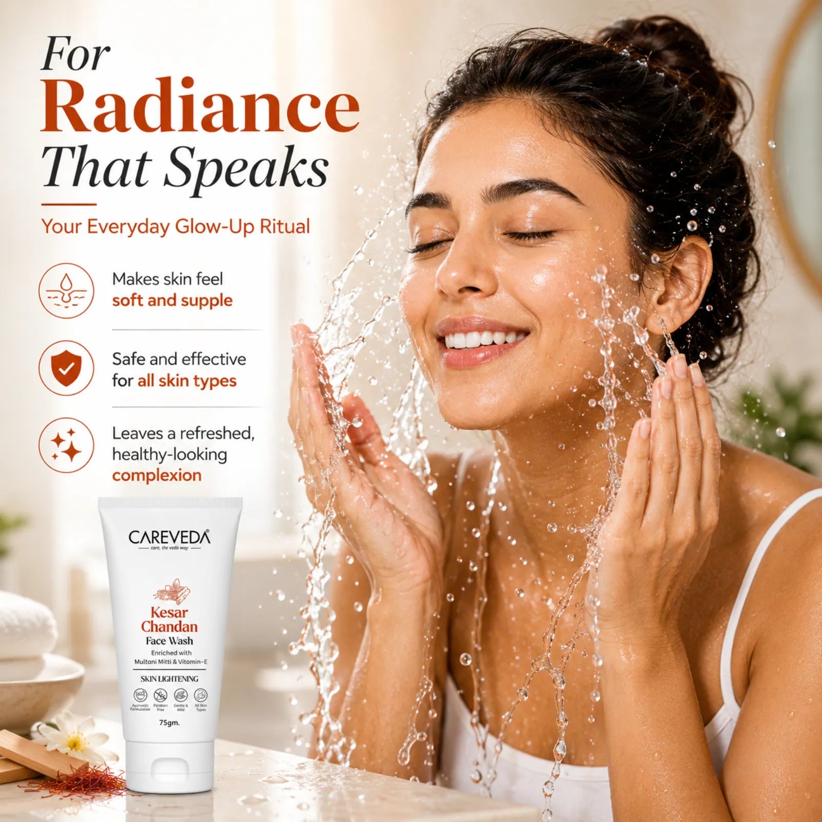 CareVeda Kesar Chandan Face Wash - For Skin Lightening & Deep Nourishment -75gm
