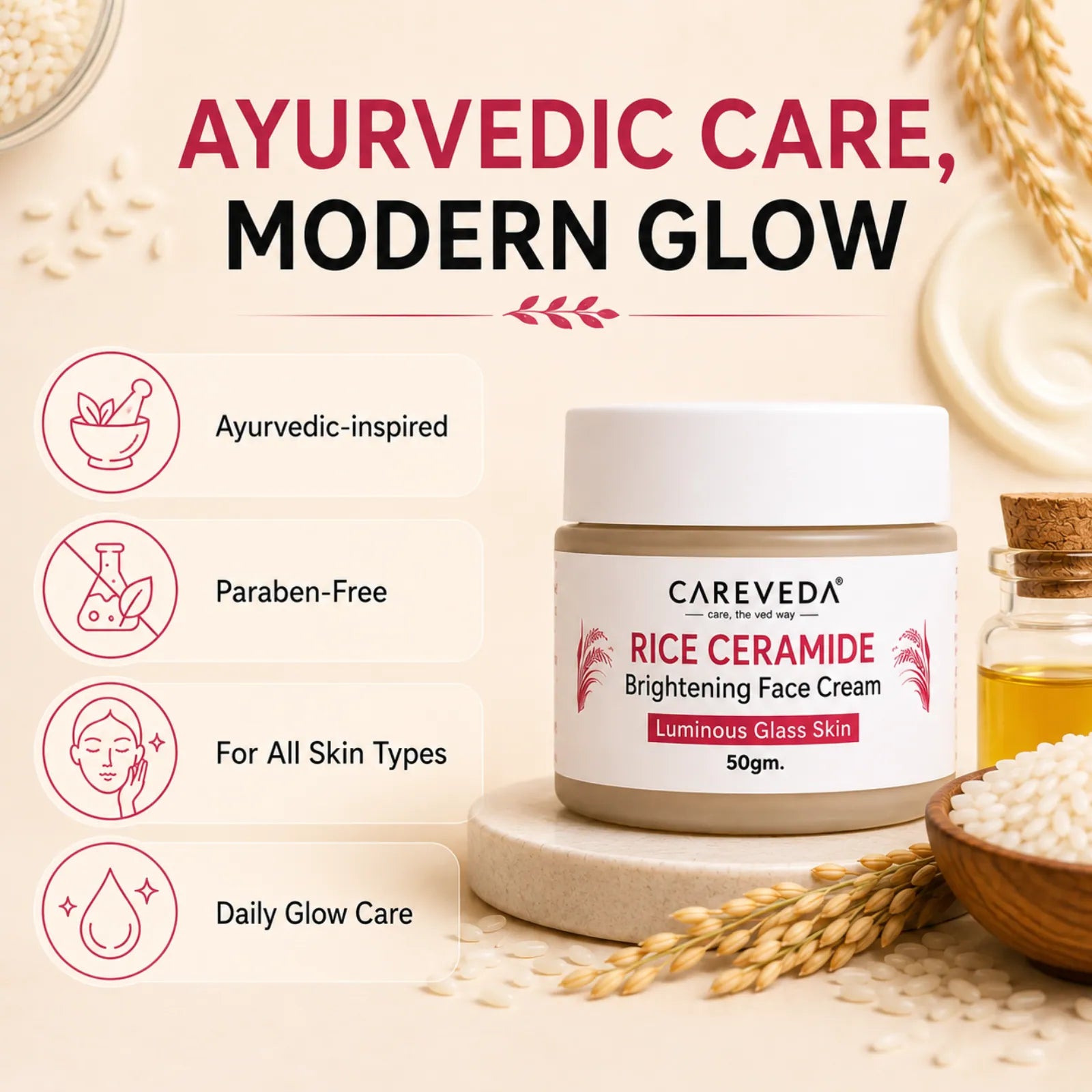 Careveda Rice Ceramide Revival Face Cream for Luminous Glass Skin - 50gm