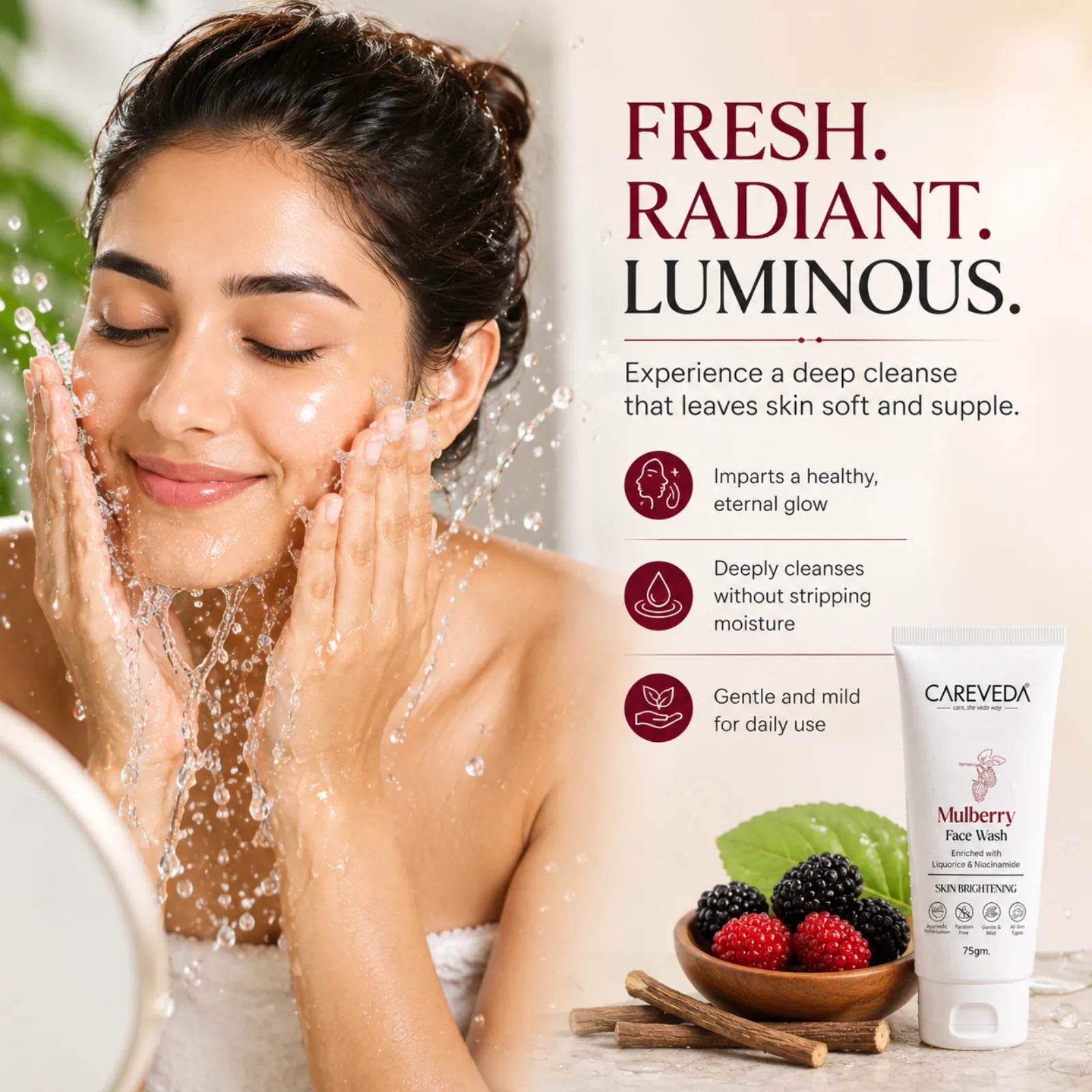 CareVeda Mulberry Face Wash with Liquorice & Niacinamide – Skin Brightening & Dark Spot Reduction (75gm)