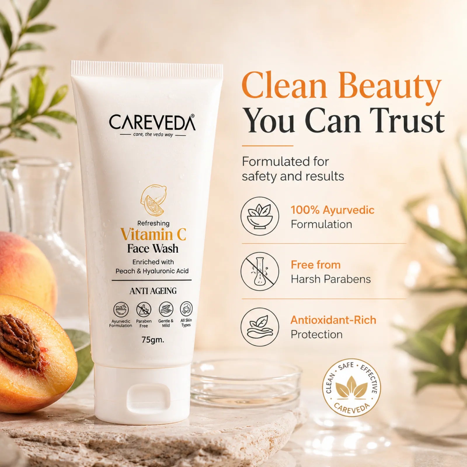 CareVeda Refreshing Vitamin C Face Wash with Peach & Hyaluronic Acid - 75g